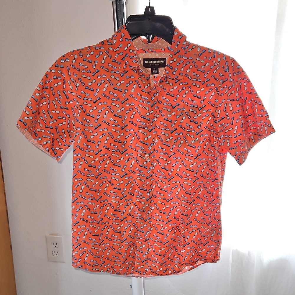 Bright Orange Patterned Boy's Shirt With Fun Sunglasses Print, Large